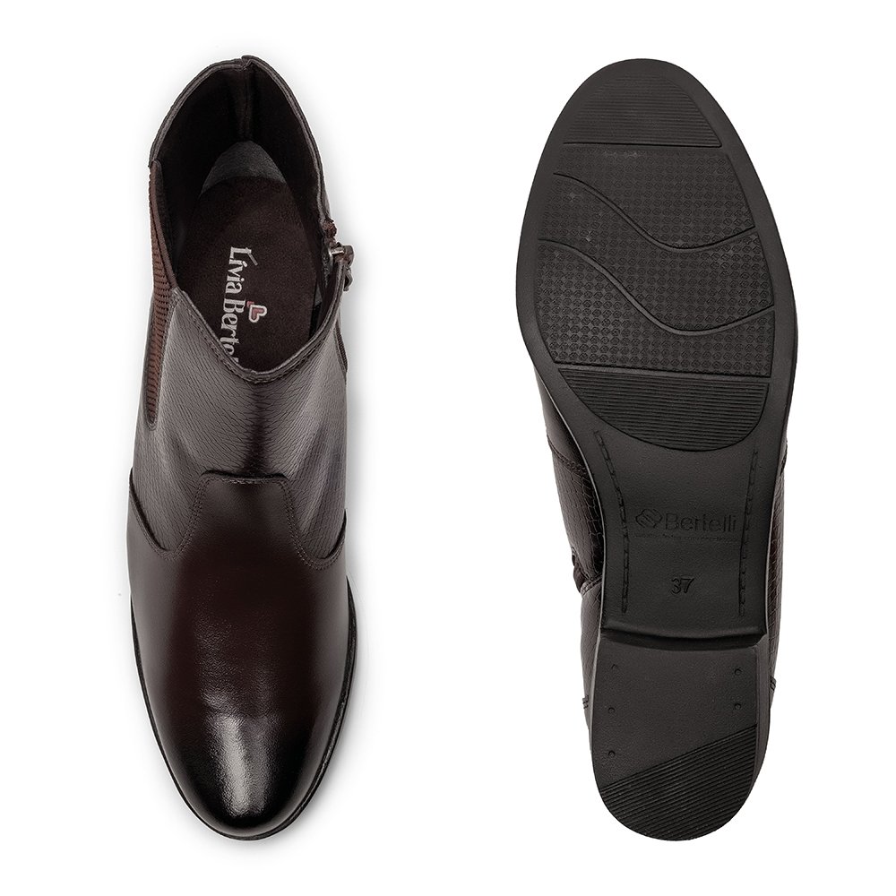 Bota Social Croco Feminino Cano Curto Zíper Elástico Moda Elegante Salto Baixo Marrom 3