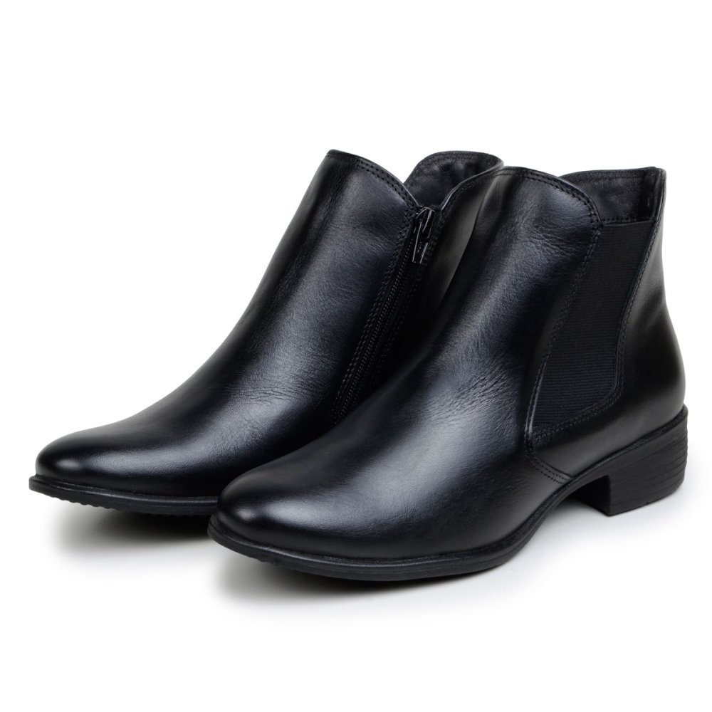 Bota Feminina Couro Cano Curto Elástico Macia Confortável Leve Chique Preto 4