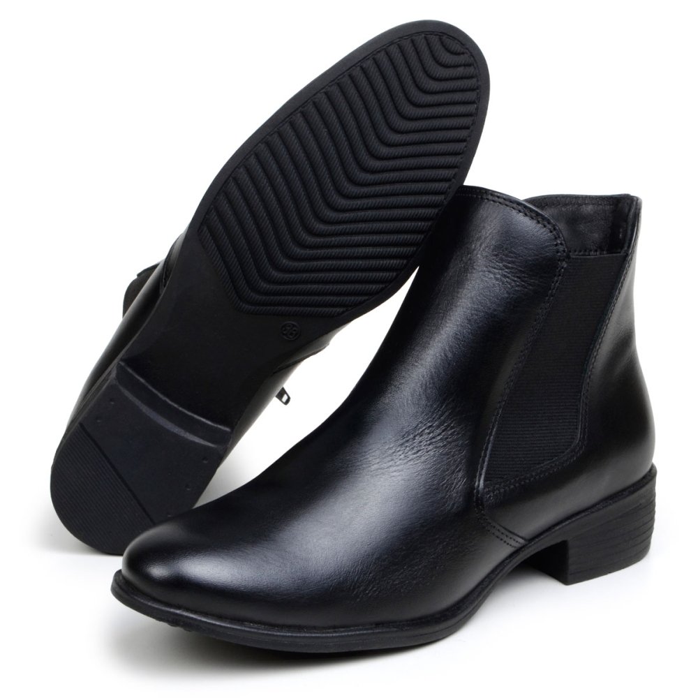 Bota Feminina Couro Cano Curto Elástico Macia Confortável Leve Chique Preto 5