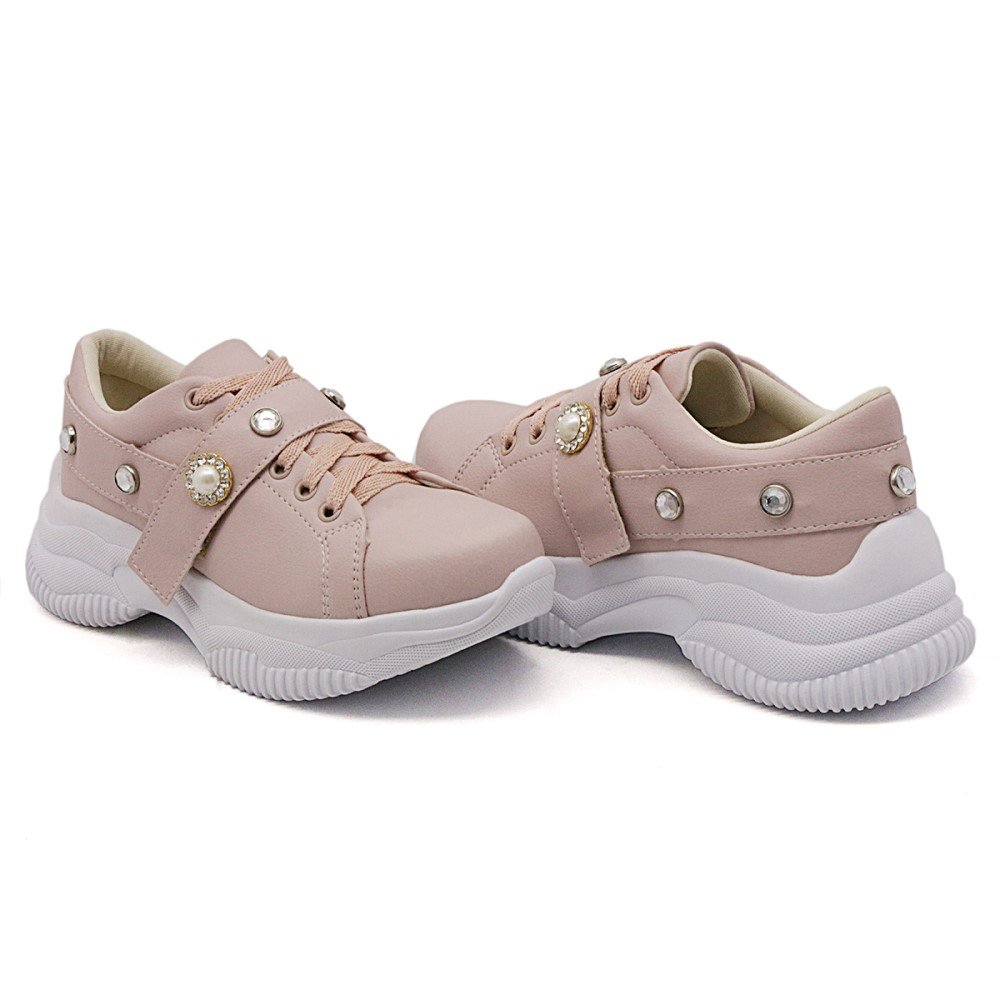 Tenis Chunky Yoyo Store Liso com Cadarço Tira Autocolante e Aplicações Rosa 2