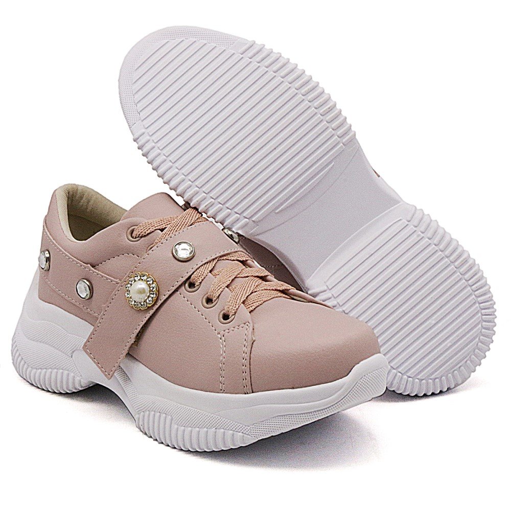Tenis Chunky Yoyo Store Liso com Cadarço Tira Autocolante e Aplicações Rosa 3