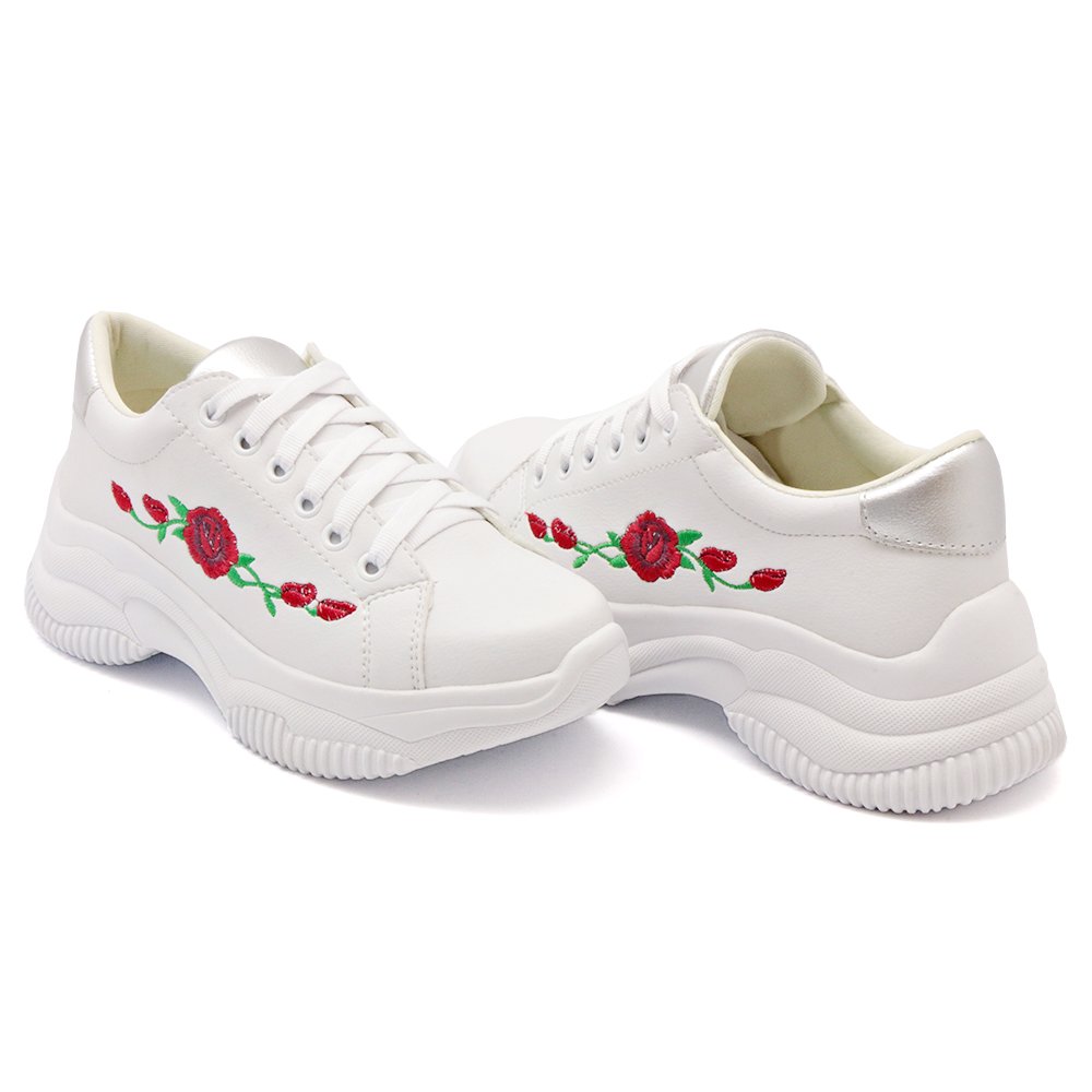 Tenis Chunky Yoyo Store com Bordado Flor e Sola Alta Detalhada Macia Branco 2