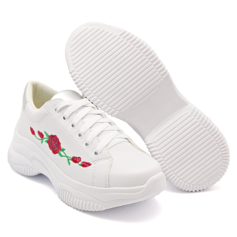 Tenis Chunky Yoyo Store com Bordado Flor e Sola Alta Detalhada Macia Branco 3