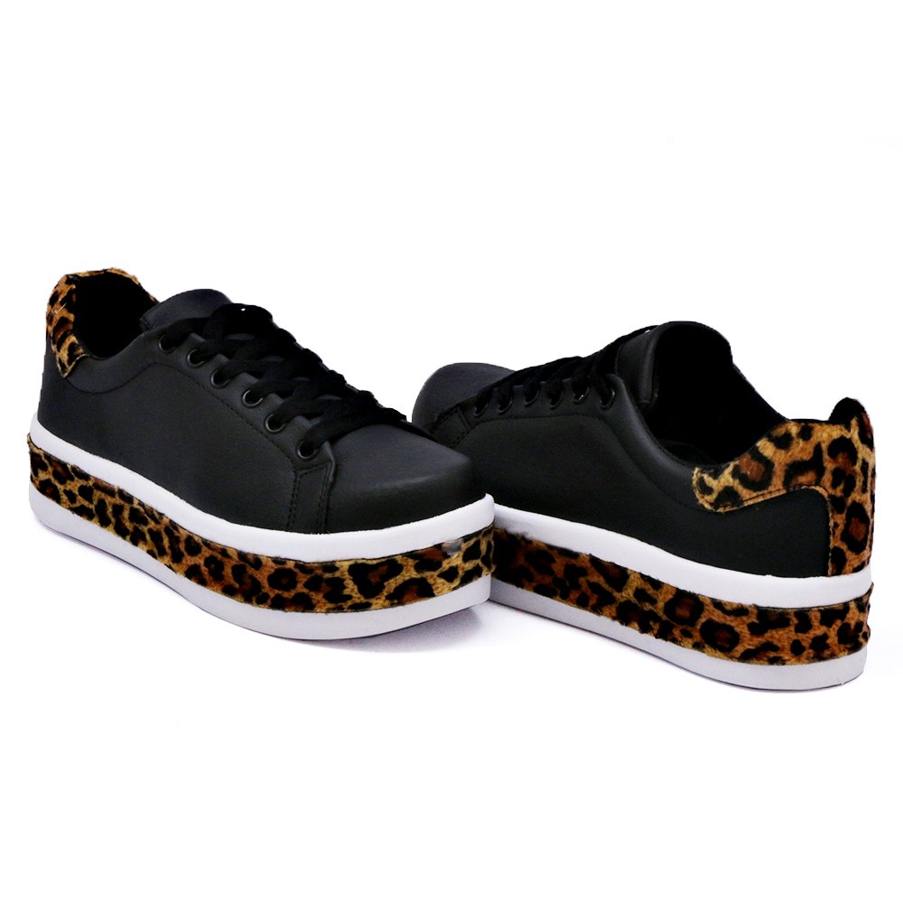 Tenis Casual Yoyo Store Sola Alta com Detalhe Recortes Animal Print Onça Preto 2