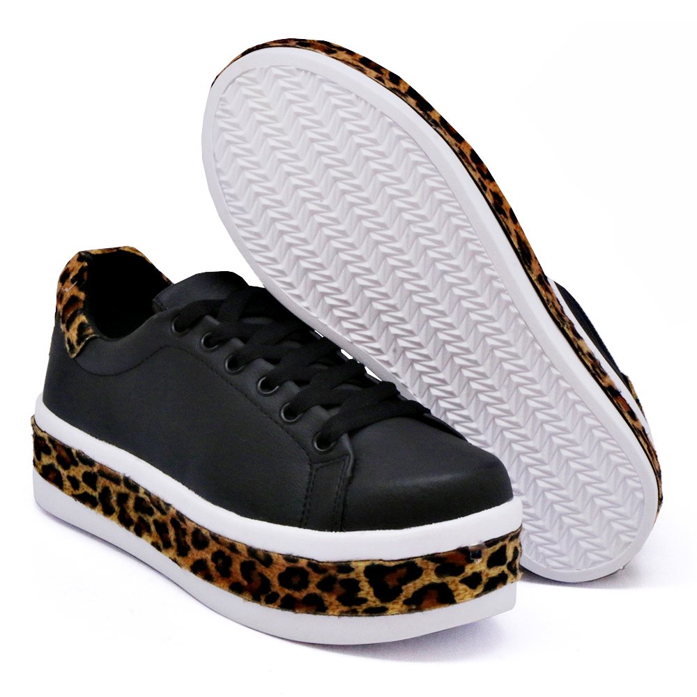 Tenis Casual Yoyo Store Sola Alta com Detalhe Recortes Animal Print Onça Preto 3