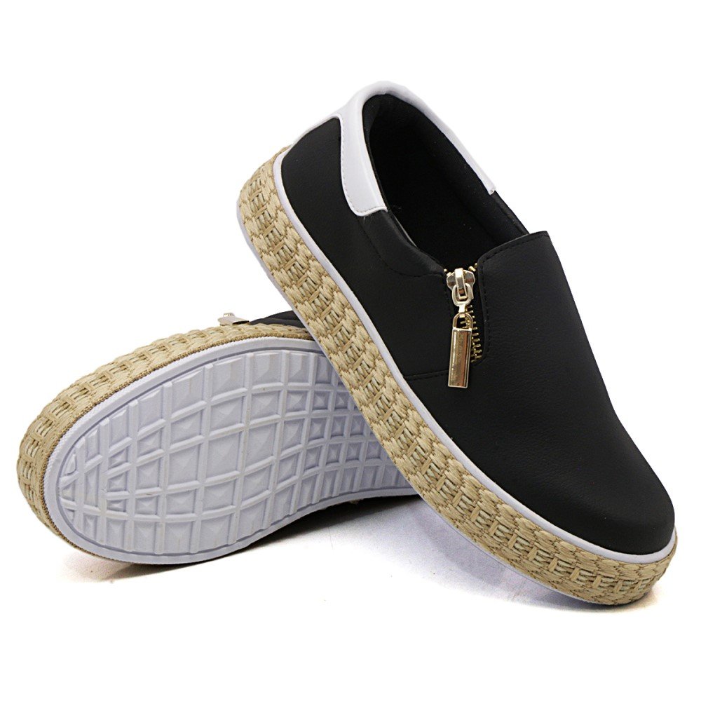 Tênis Slip On Yoyo Store com Recortes Ziper Lateral e Sola Reta em Sisal Preto 2