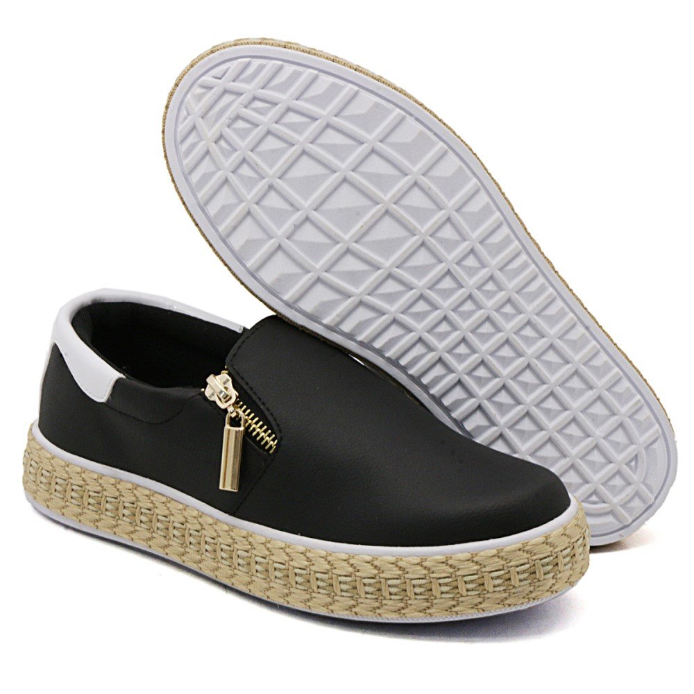 Tênis Slip On Yoyo Store com Recortes Ziper Lateral e Sola Reta em Sisal Preto 3