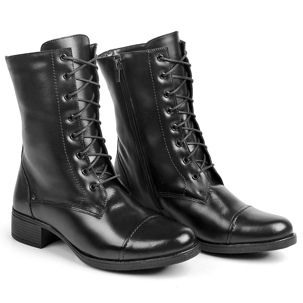 Bota Coturno Cano Medio em Couro Yoyo Store com Zíper Cadarço e Sola Borracha