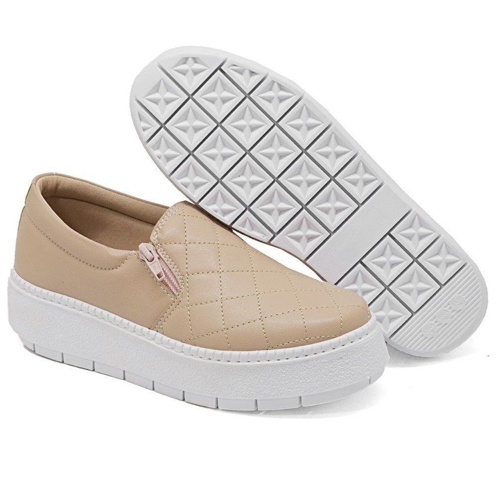 Slip On Feminino Sola Borracha Alta e Macia Calce Fácil Costura Reforçada Para Passeio Bege 1