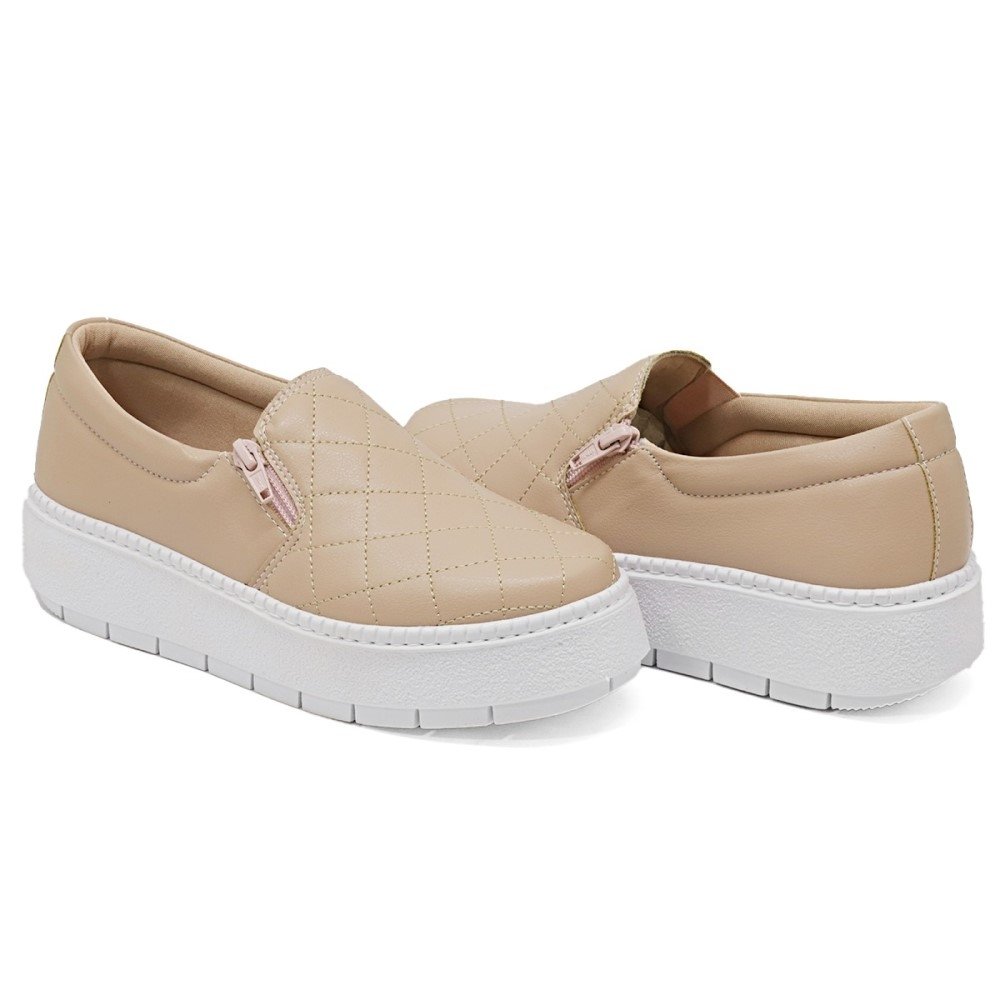 Slip On Feminino Sola Borracha Alta e Macia Calce Fácil Costura Reforçada Para Passeio Bege 3