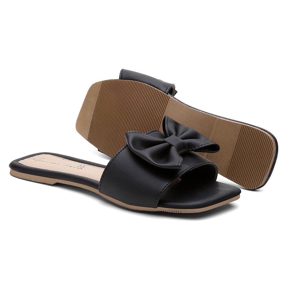 Sandalia Rasteira Valquirene Lima Aberta com Detalhe em Laço e Bico Quadrado Preto 2