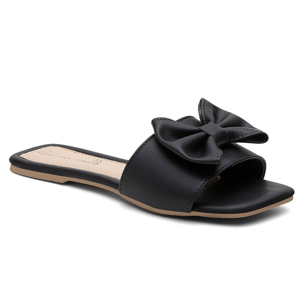 Sandalia Rasteira Valquirene Lima Aberta com Detalhe em Laço e Bico Quadrado Preto 3