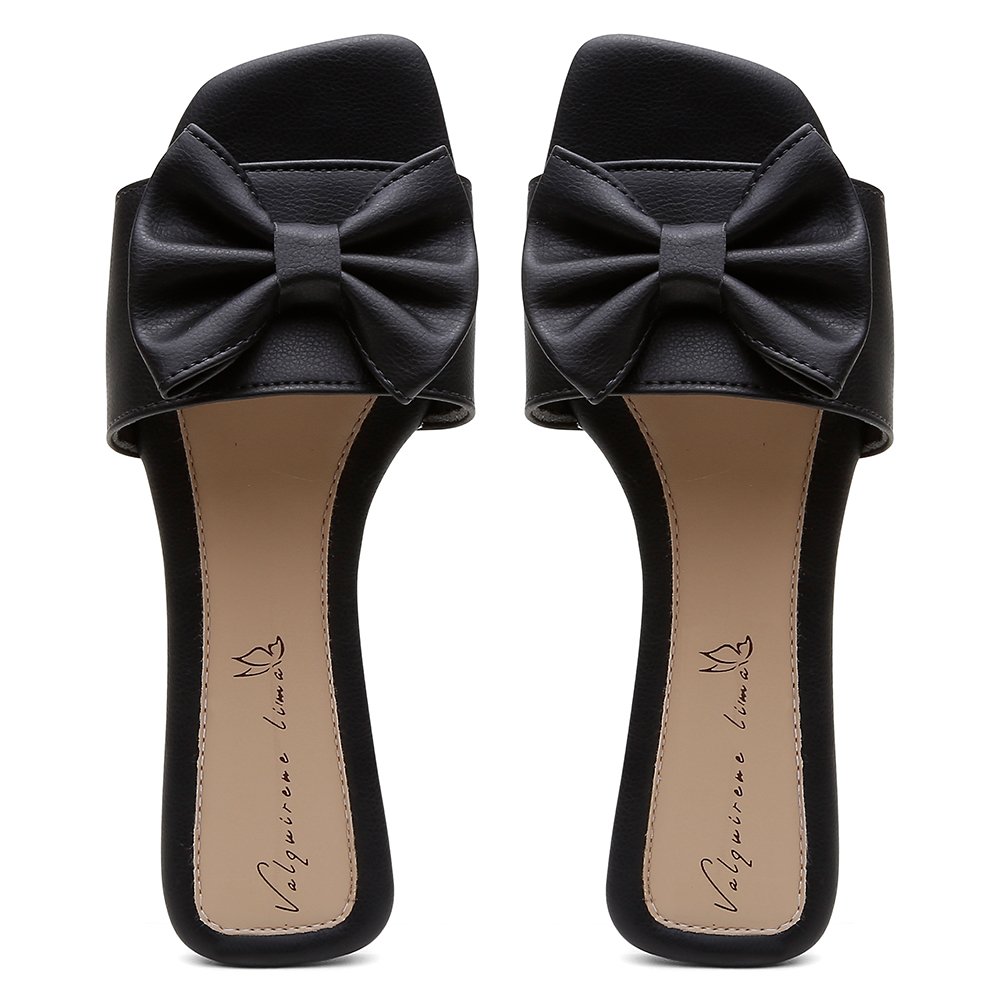 Sandalia Rasteira Valquirene Lima Aberta com Detalhe em Laço e Bico Quadrado Preto 4