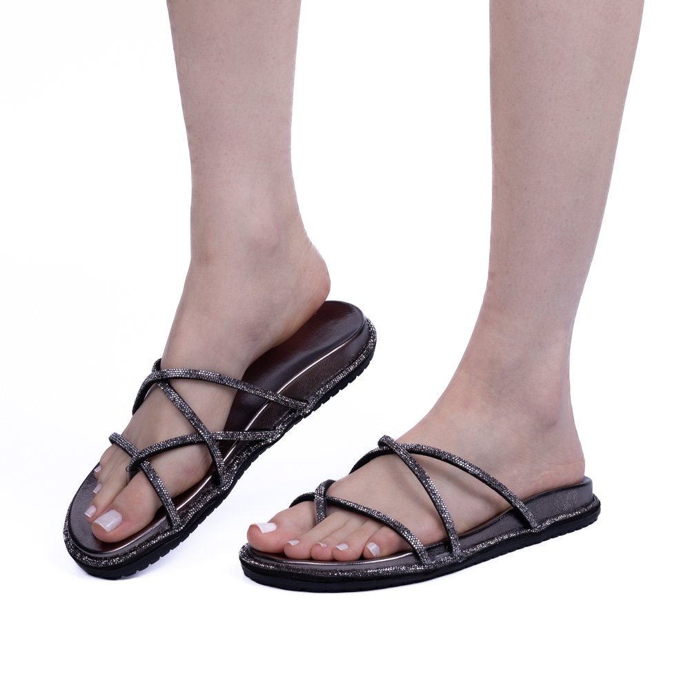 Sandália Papete Sola Borracha M&D Store Tiras Transpassadas Brilhante Preto 2