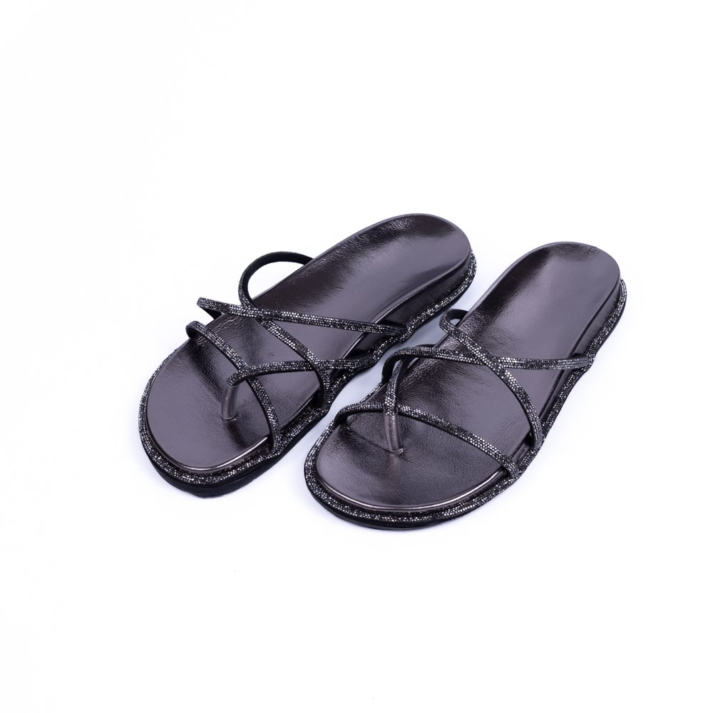 Sandália Papete Sola Borracha M&D Store Tiras Transpassadas Brilhante Preto 4