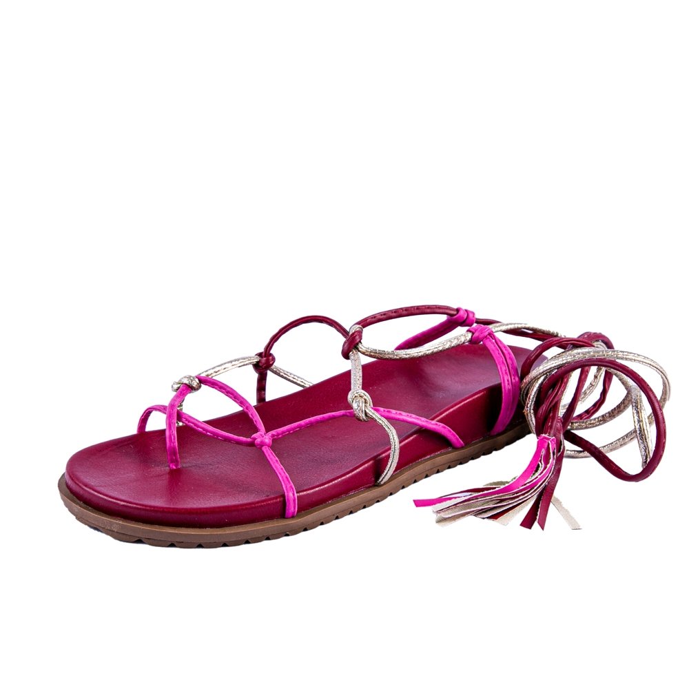 Sandália M&D Store Tiras Finas Para Amarração Sola Borracha Feminino Rosa 2