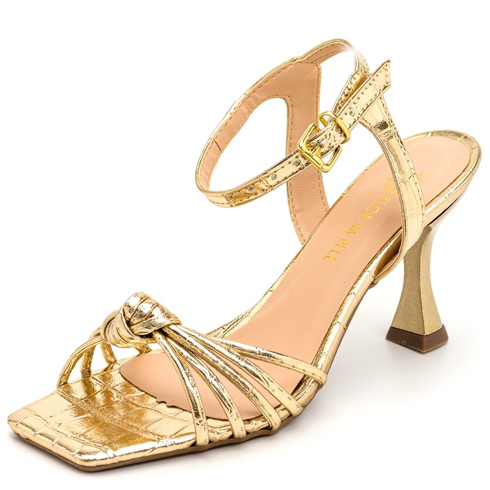 Sandália Bico Quadrado Feminino Salto Taça Tiras com Nó e Fivela Dourado 4