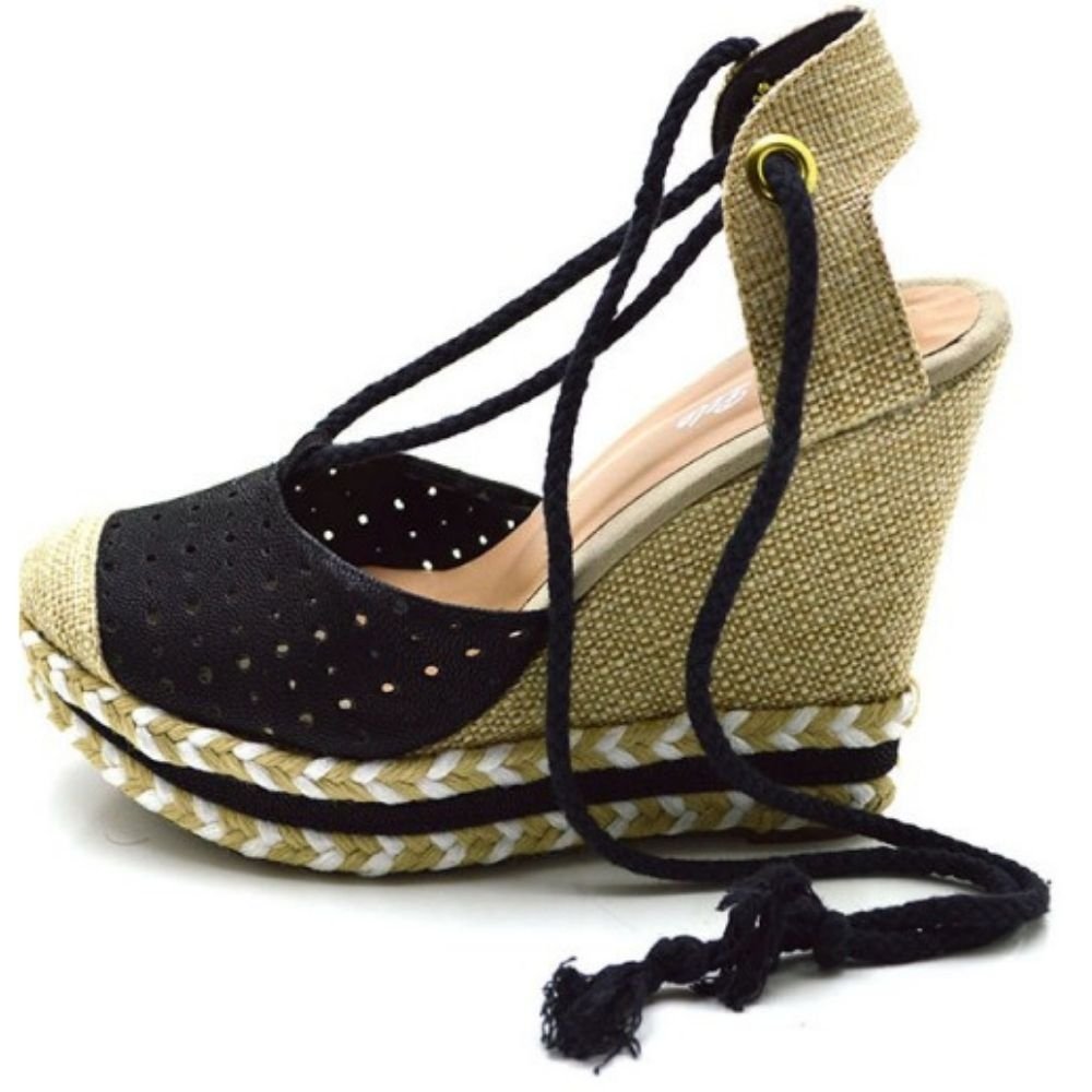 Sandália Anabela Feminino Com Cordão Para Amarração e Sola Confortavel Preto 3