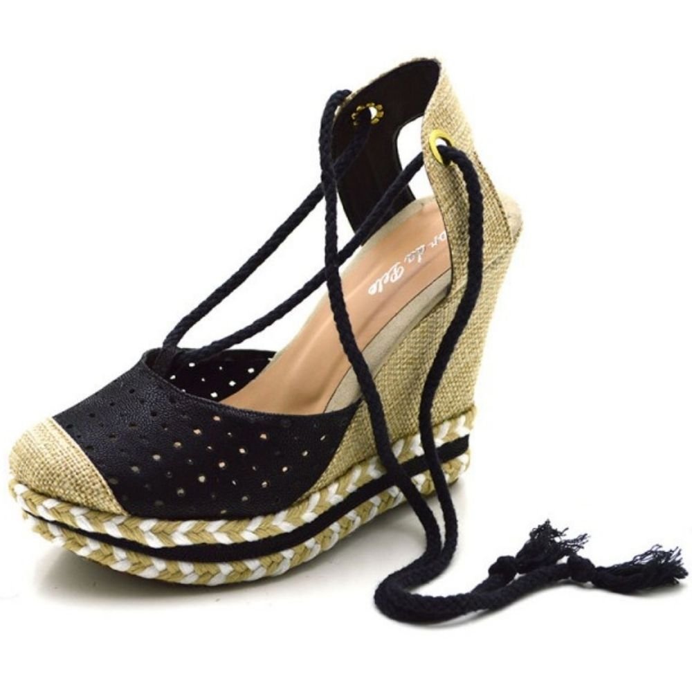 Sandália Anabela Feminino Com Cordão Para Amarração e Sola Confortavel Preto 4