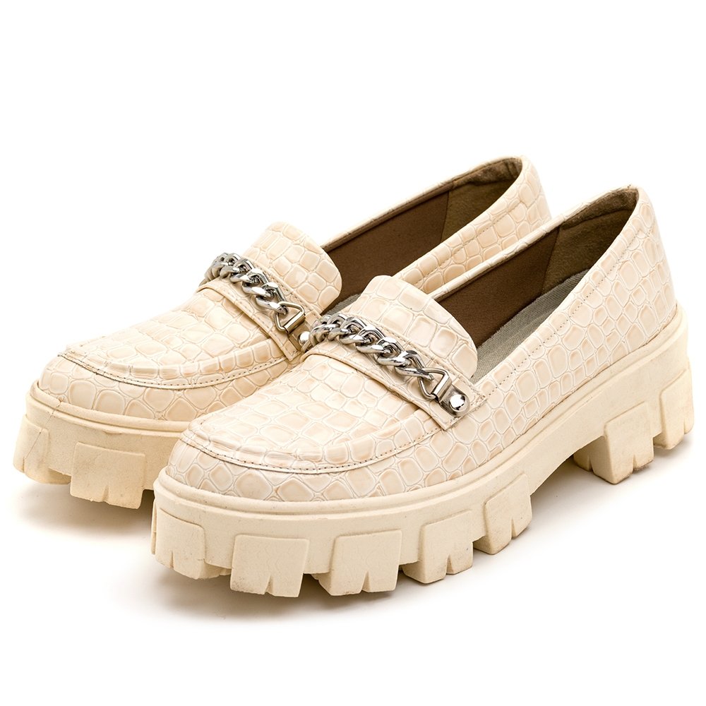 Mocassim Tratorado Textura Croco Feminino Com Corrente Fina Calce Facil Branco 1