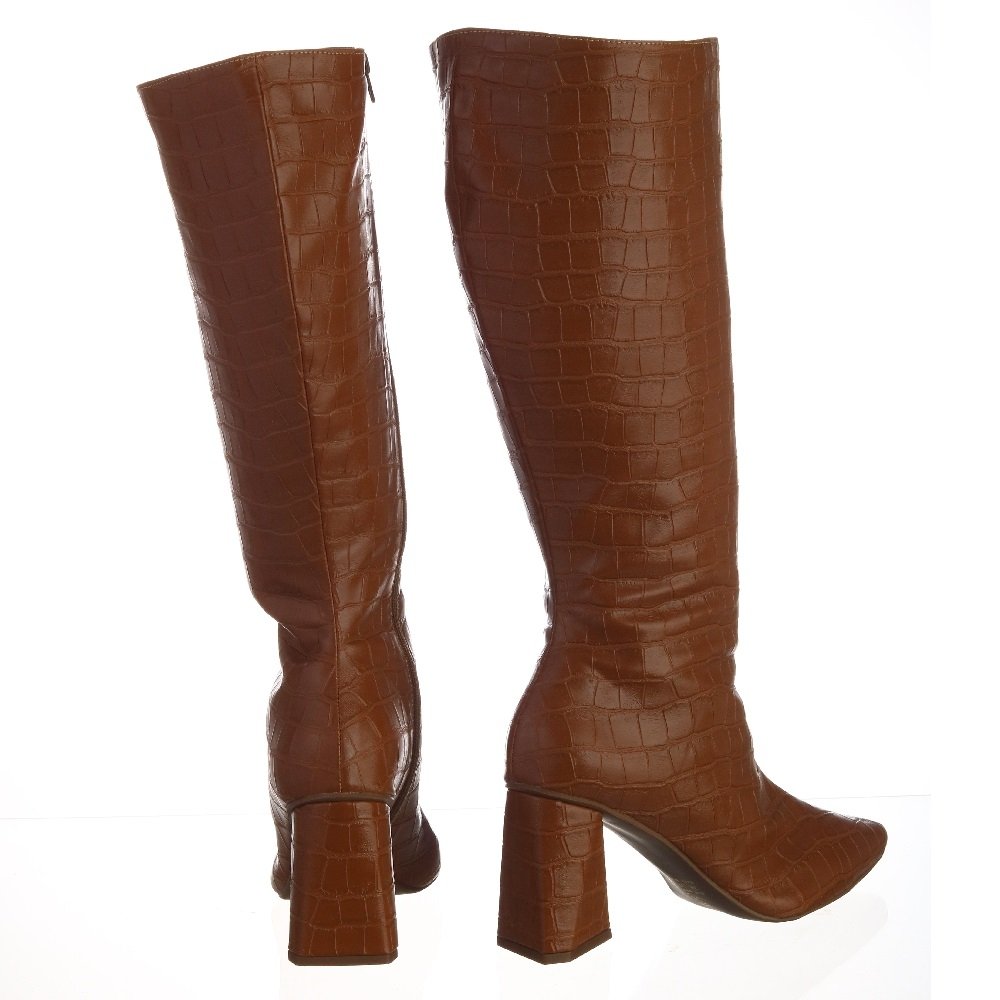 Bota Cano Alto Feminina Croco Salto Grosso e Bico Fino Fecho Zíper Marrom 4