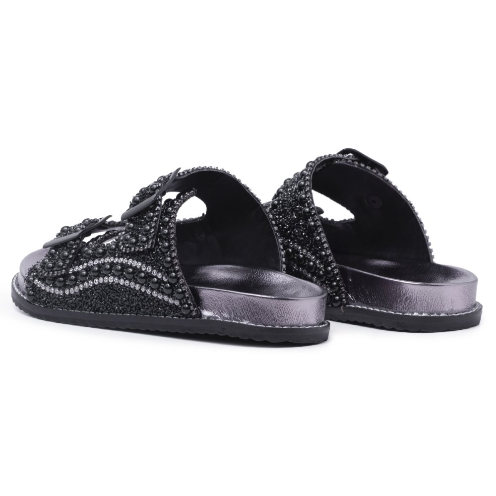 Sandália Papete Rasterinha Feminina Pedrarias Fivela Ajustavel Para Passeio Mulher Elegante Preto 2