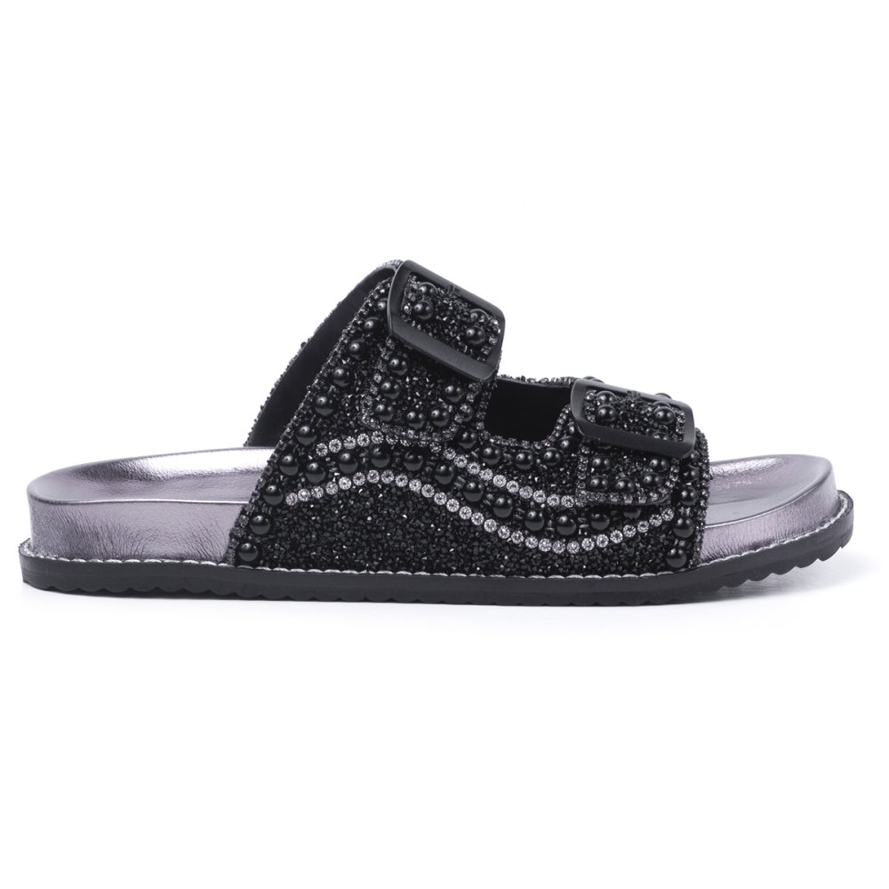 Sandália Papete Rasterinha Feminina Pedrarias Fivela Ajustavel Para Passeio Mulher Elegante Preto 3