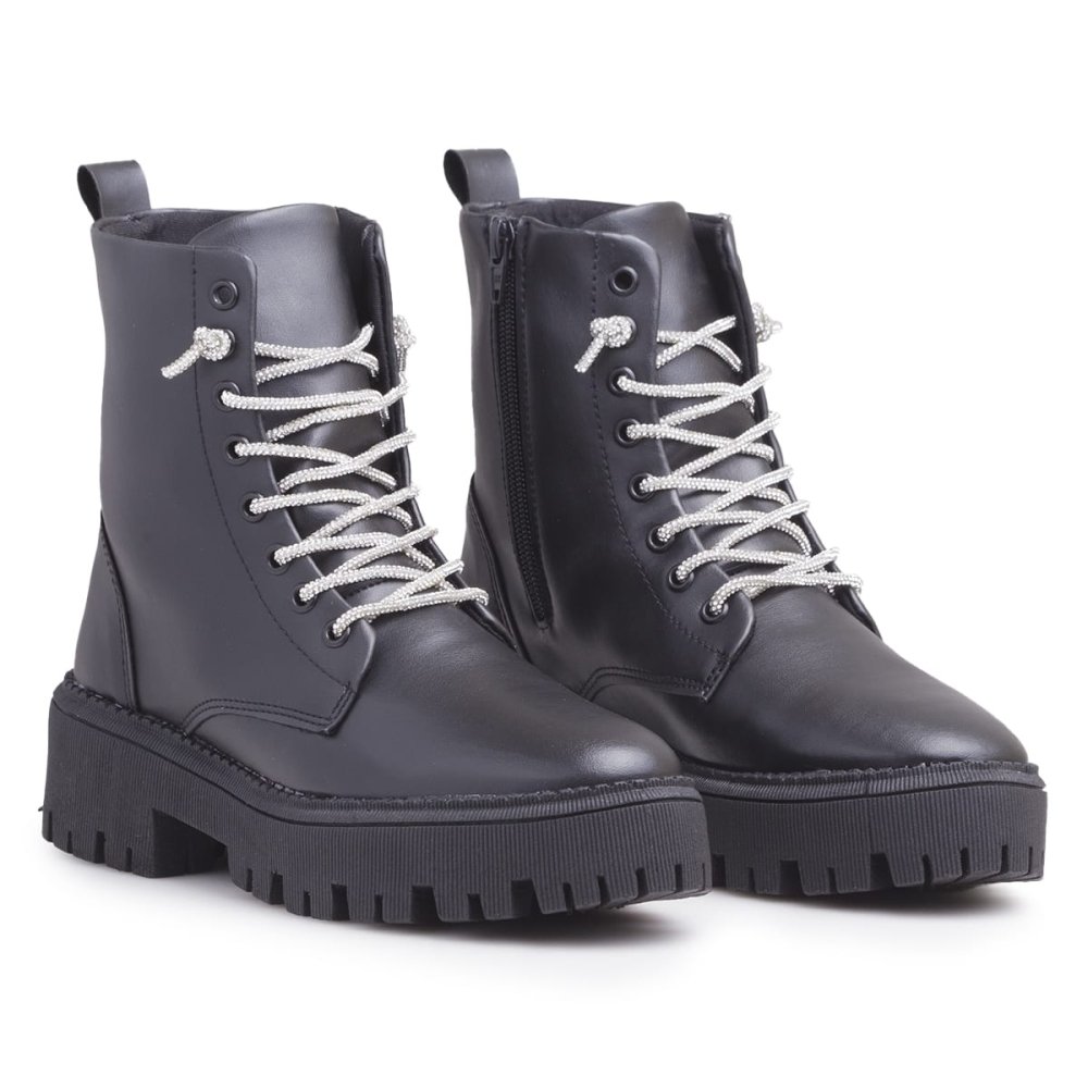 Bota Coturno Feminino Tratorada Robusta Com Cadarço de Brilho Design Moderno Conforto Prata 1