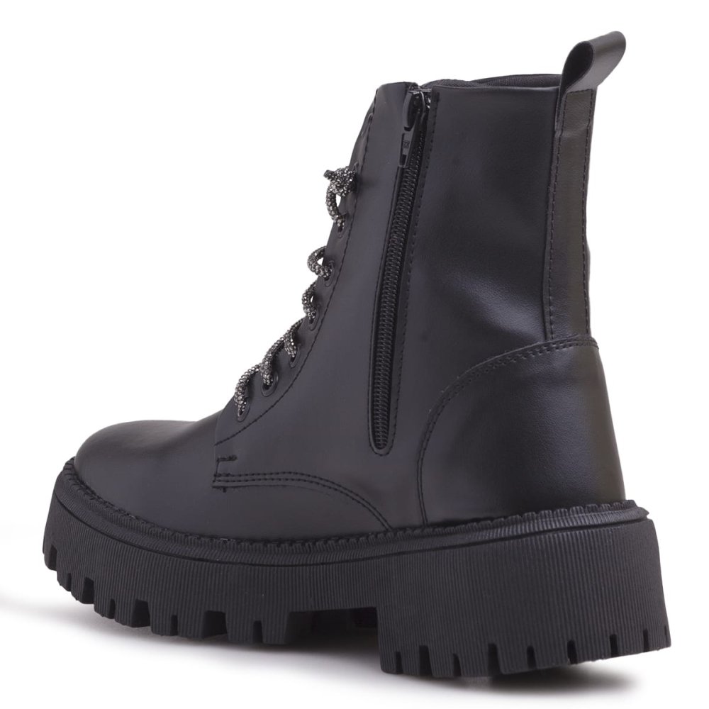 Bota Coturno Feminino Tratorada Robusta Com Cadarço de Brilho Design Moderno Conforto Prata 3
