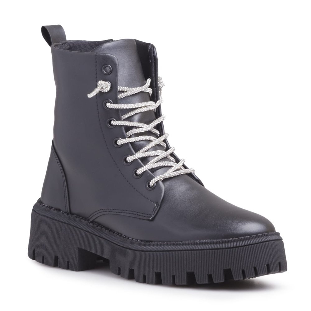 Bota Coturno Feminino Tratorada Robusta Com Cadarço de Brilho Design Moderno Conforto Prata 4