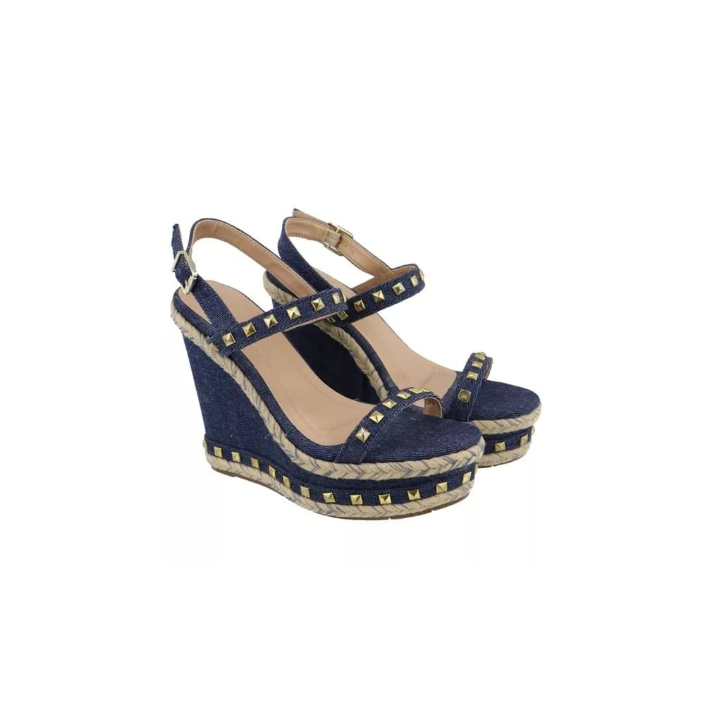 Sandália Anabela Feminina Plataforma Jeans Fivela Spikes Elegante Salto Alto Azul 1