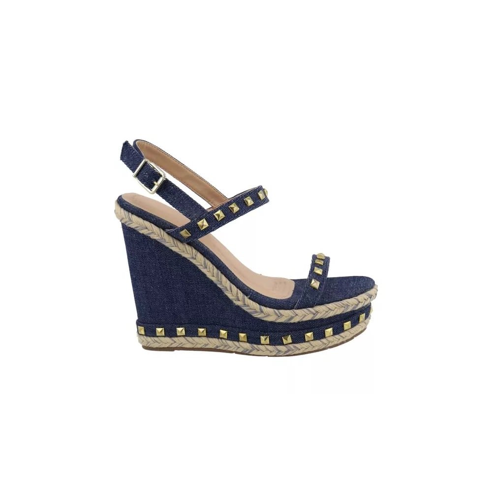 Sandália Anabela Feminina Plataforma Jeans Fivela Spikes Elegante Salto Alto Azul 2