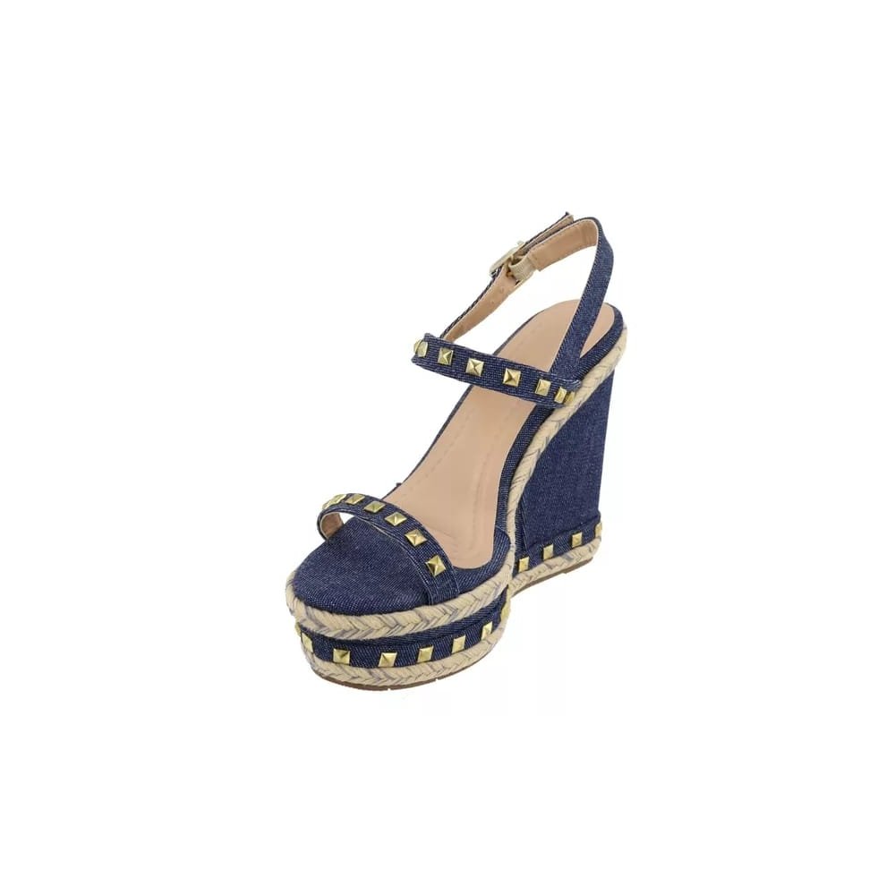 Sandália Anabela Feminina Plataforma Jeans Fivela Spikes Elegante Salto Alto Azul 3