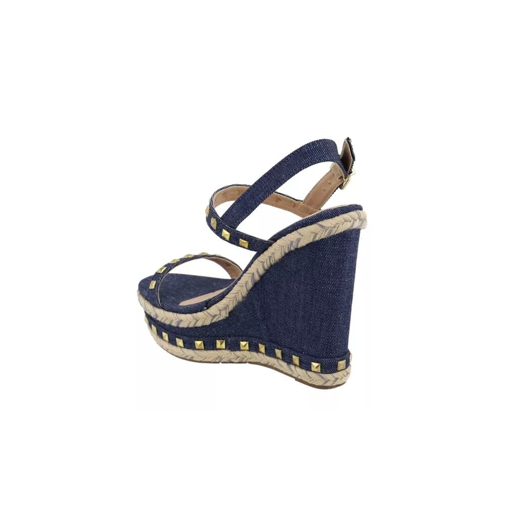Sandália Anabela Feminina Plataforma Jeans Fivela Spikes Elegante Salto Alto Azul 4