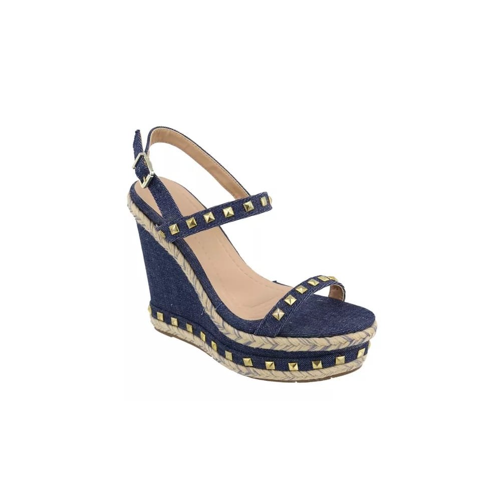 Sandália Anabela Feminina Plataforma Jeans Fivela Spikes Elegante Salto Alto Azul 5