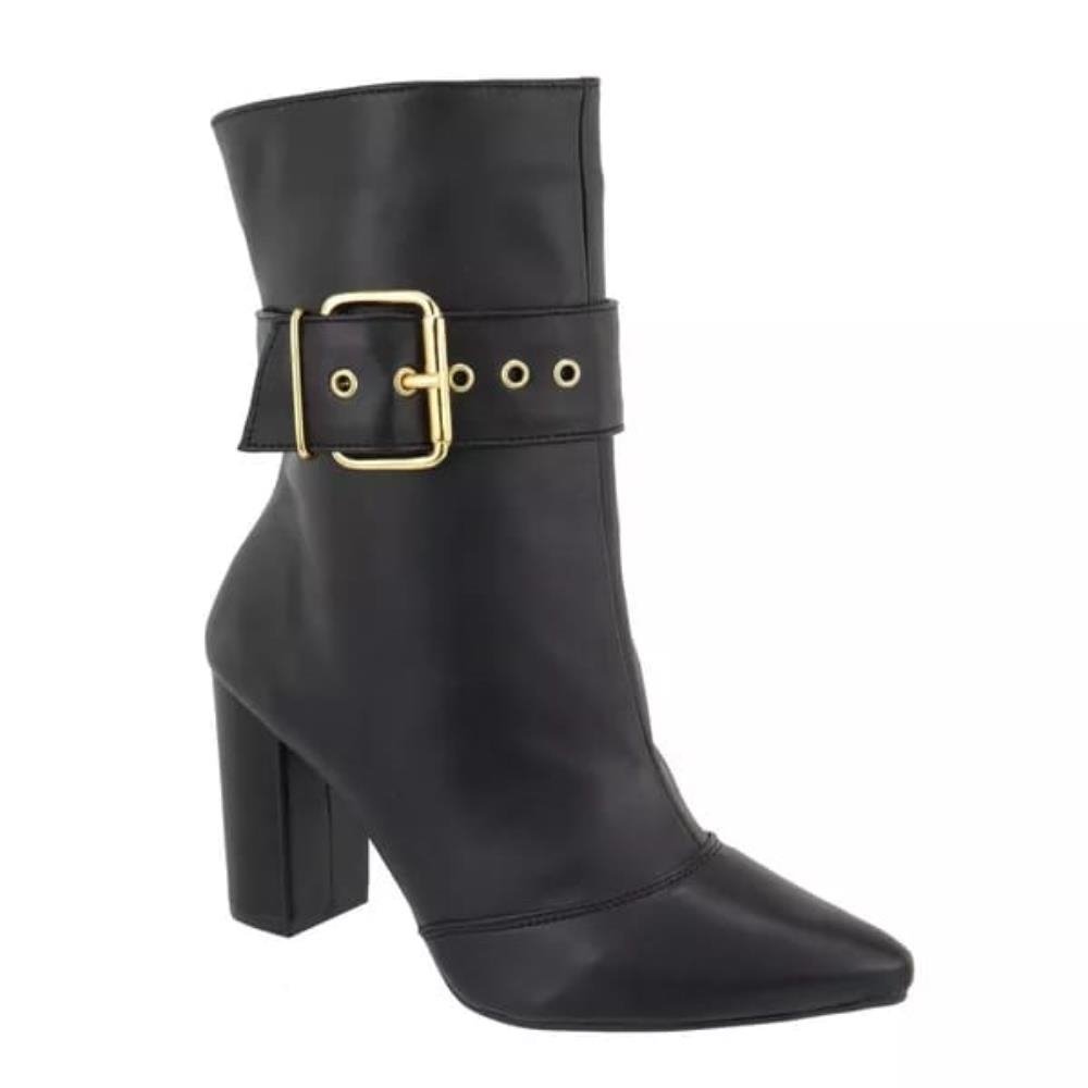 Bota Casual Feminino Cano Médio Zíper Bico Fino Fivela Elegante Frio Salto Grosso Confortável Preto 3