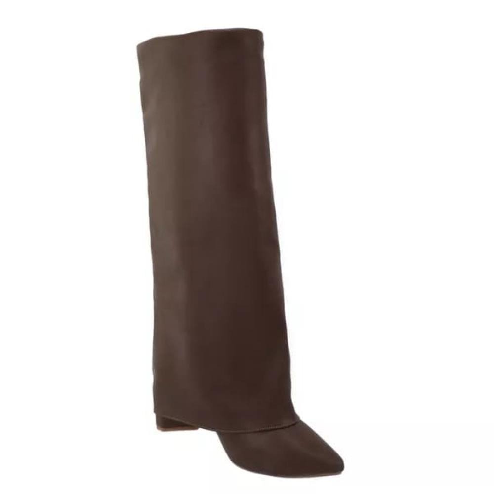 Bota Casual Capa Feminino Cano Alto Moda Inverno Bico Fino Confortável Salto Geométrico Marrom 4