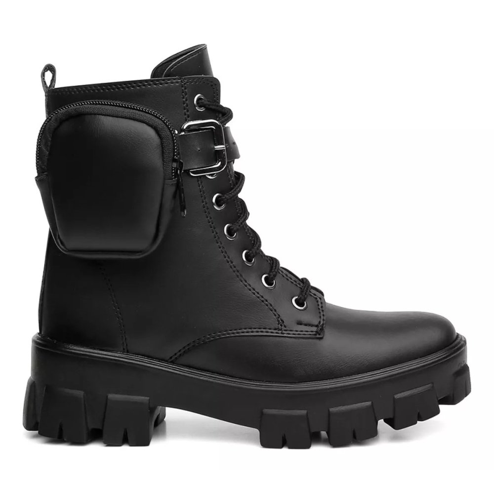 Bota Coturno Blogueira Feminino Cadarço com Bag Estilo Moda Confortável Sola Tratorada Preto 2