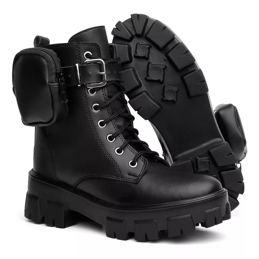 Bota Coturno Blogueira Feminino Cadarço com Bag Estilo Moda Confortável Sola Tratorada Preto 3