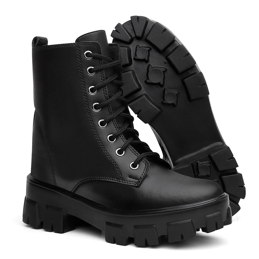 Bota Coturno Blogueira Feminino Cadarço Moda Elegante Confortável Sola Tratorada Preto 2