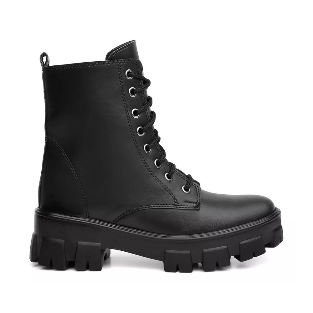 Bota Coturno Blogueira Feminino Cadarço Moda Elegante Confortável Sola Tratorada Preto 3