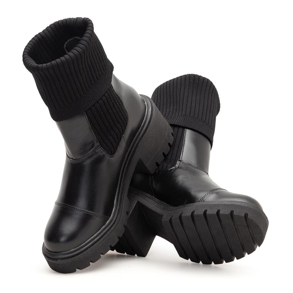 Bota Coturno Couro Feminino Elástico Meia Moda Moderno Confortável Sola Salto Grosso Tratorada Preto 1