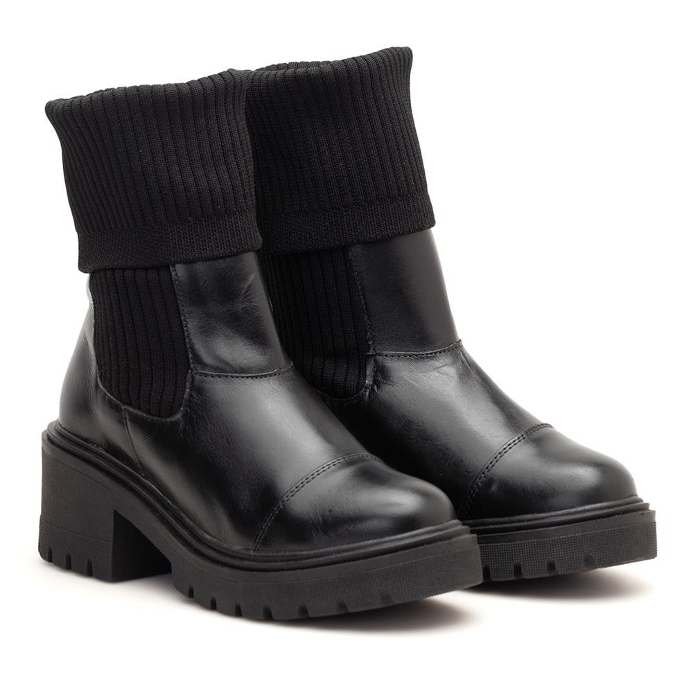 Bota Coturno Couro Feminino Elástico Meia Moda Moderno Confortável Sola Salto Grosso Tratorada Preto 4