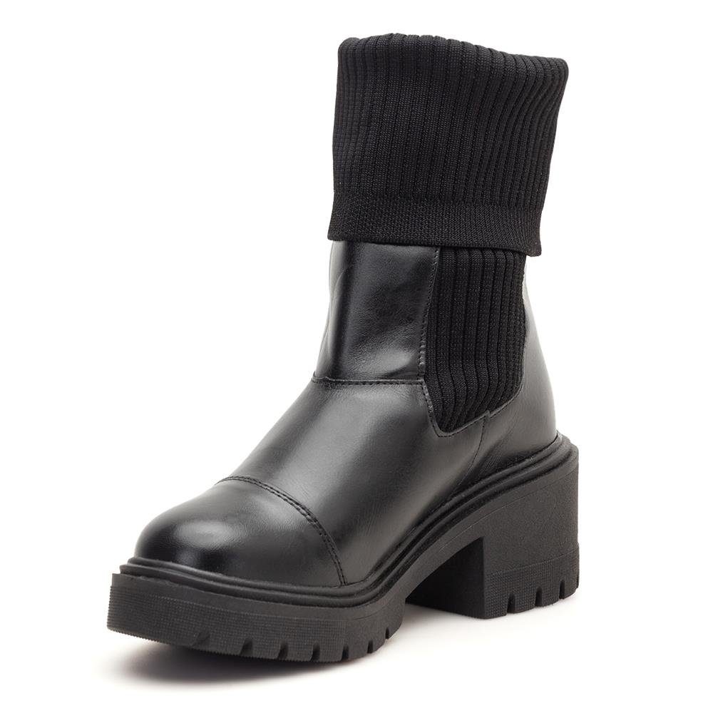 Bota Coturno Couro Feminino Elástico Meia Moda Moderno Confortável Sola Salto Grosso Tratorada Preto 5