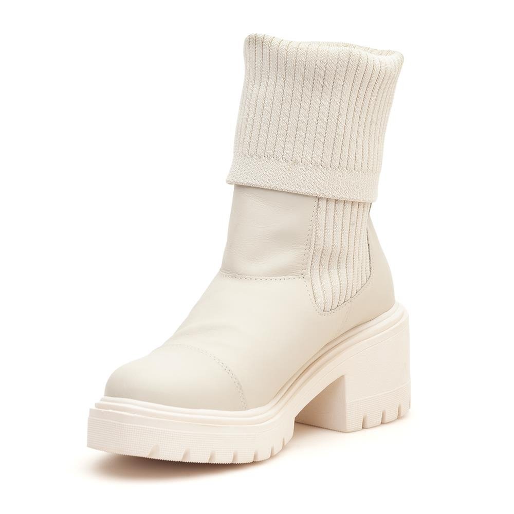Bota Coturno Couro Feminino Elástico Meia Moda Moderno Confortável Sola Salto Grosso Tratorada Branco 2