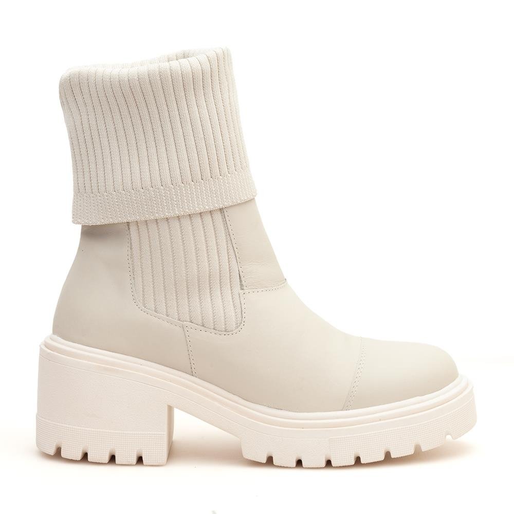 Bota Coturno Couro Feminino Elástico Meia Moda Moderno Confortável Sola Salto Grosso Tratorada Branco 3