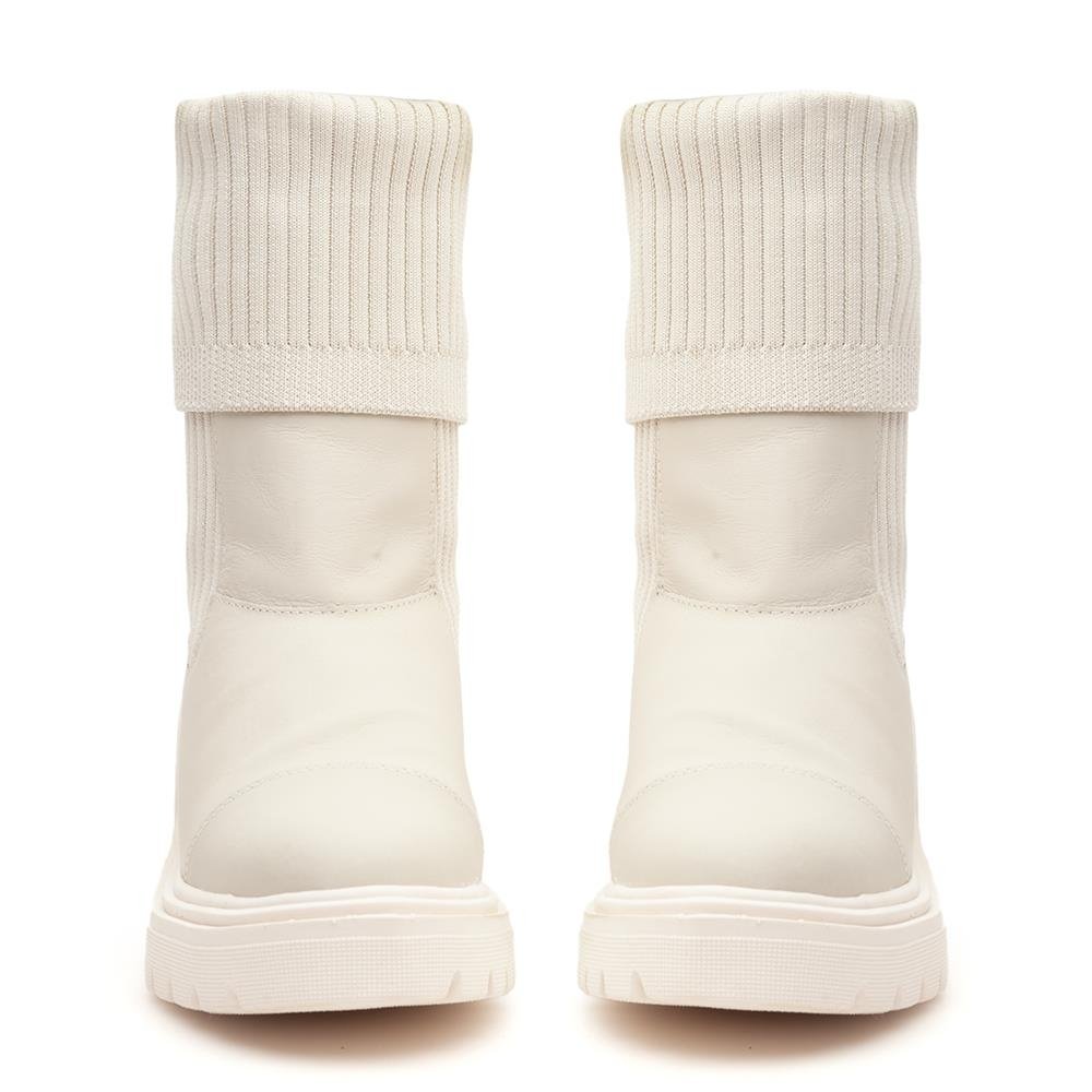 Bota Coturno Couro Feminino Elástico Meia Moda Moderno Confortável Sola Salto Grosso Tratorada Branco 5