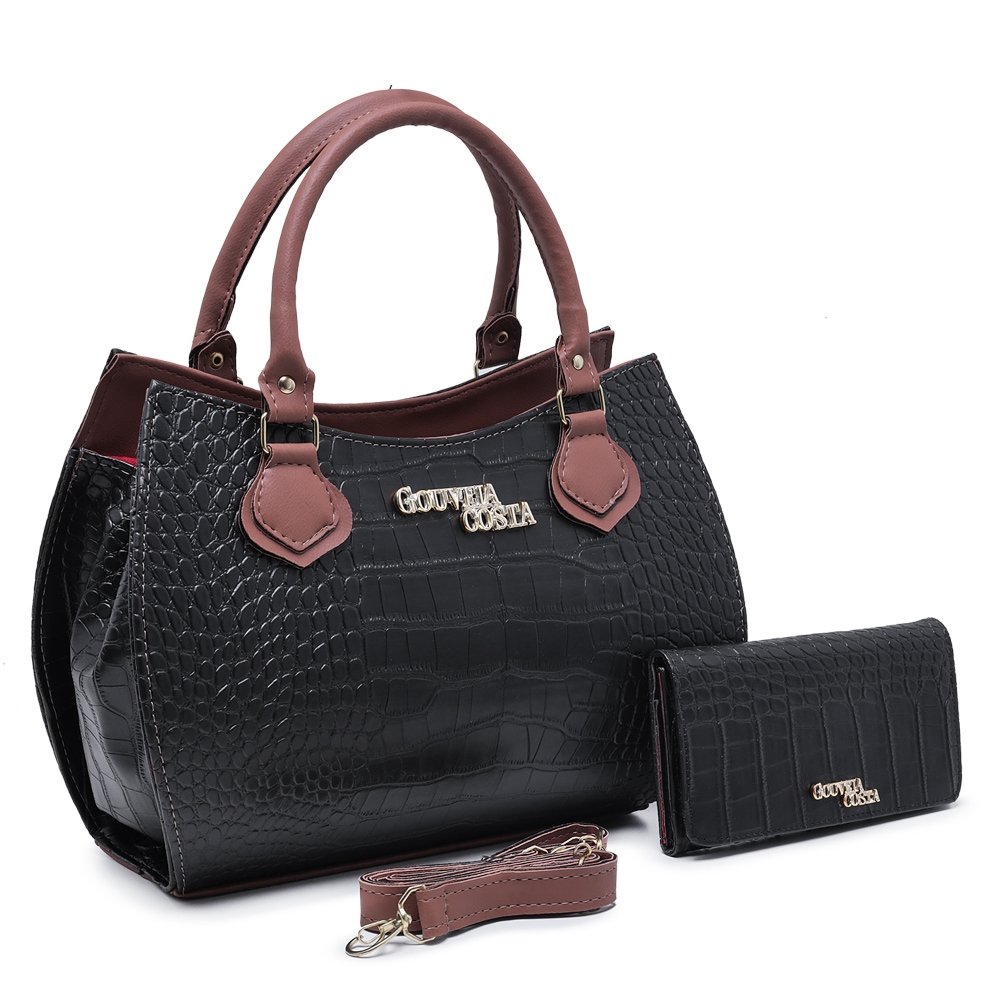 Kit Bolsa Croco Baú Feminino Zíper Alça de Ombro Elegante Transversal Removível e Carteira Prática