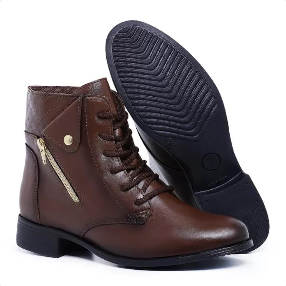 Bota Casual Feminino Cadarço Zíper Lateral Moda Inverno Elegante Detalhe Costura Salto Baixo Marrom 2