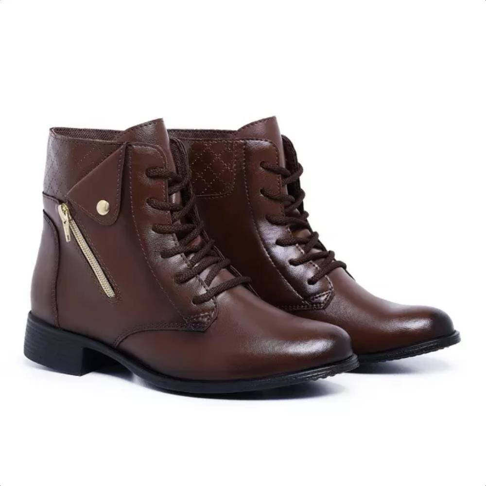 Bota Casual Feminino Cadarço Zíper Lateral Moda Inverno Elegante Detalhe Costura Salto Baixo Marrom 1